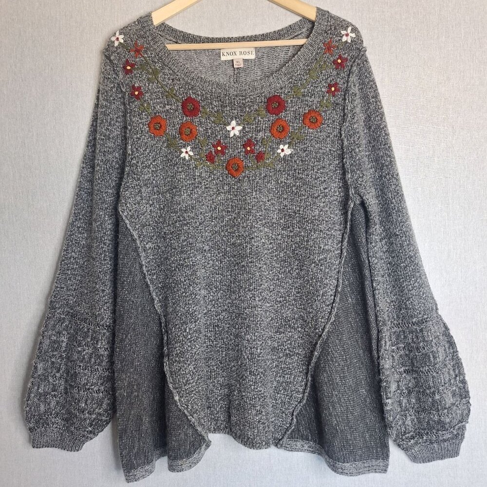 💙 Knox Rose Oversized Floral Embroidered Sweater Size XL Cozy Warm Cottage Boho